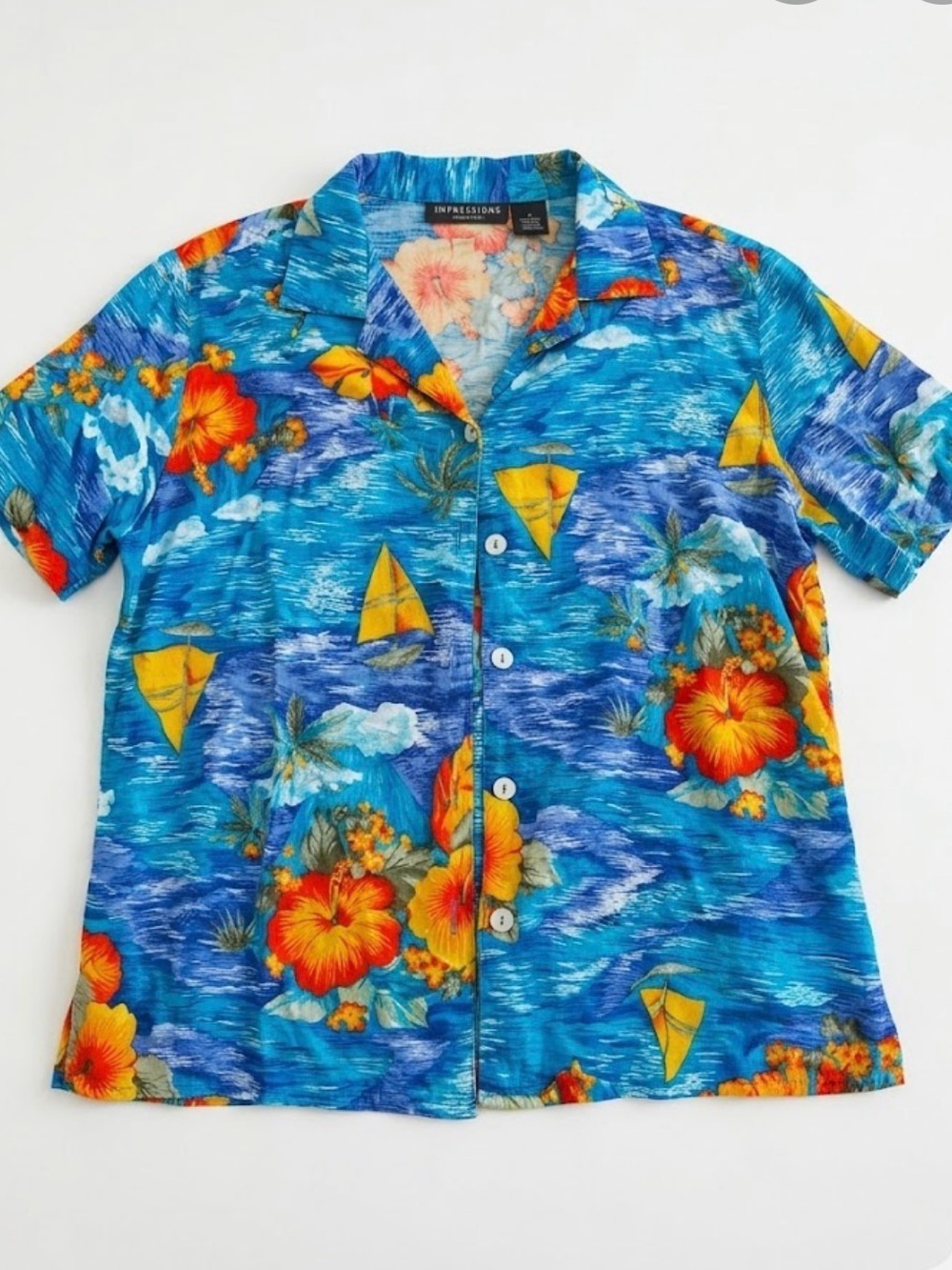 Impressions Blue Tropical Print Cruise Beach Summer Button-Up Shirt Hawaiian